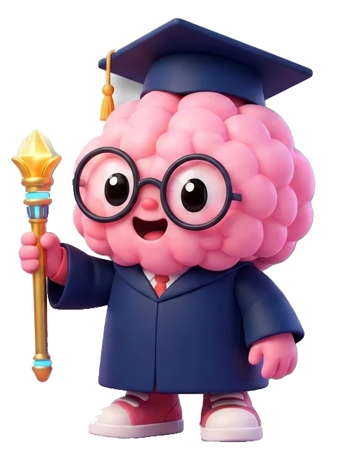 Fundi, the Funda learning companion — a pink brain-shaped character in a graduation cap and gown, holding a golden sceptre
